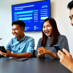 A group of diverse young Malaysian adults (male and female, various ethnicities like Malay, Chinese, Indian), dressed in modern, modest business casual attire. They are gathered around a table in a trendy cafe or co-working space, each intensely focused on their smartphones and laptops. Their expressions convey a mix of excitement, urgency, and slight anxiety, as if reacting to a rapidly changing market or a 'viral' investment trend. One person might be pointing at a screen, while another looks slightly overwhelmed but still engaged. The background features blurred modern cafe elements or office decor, with subtle, abstract digital finance graphs or social media icons faintly visible on screens. Professional photography, high-resolution, sharp focus, vibrant colors, perfect anatomy, correct proportions, well-formed hands, proper finger count, natural body proportions, natural pose, fully clothed, modest clothing, appropriate attire, professional dress, safe for work, appropriate content, family-friendly.