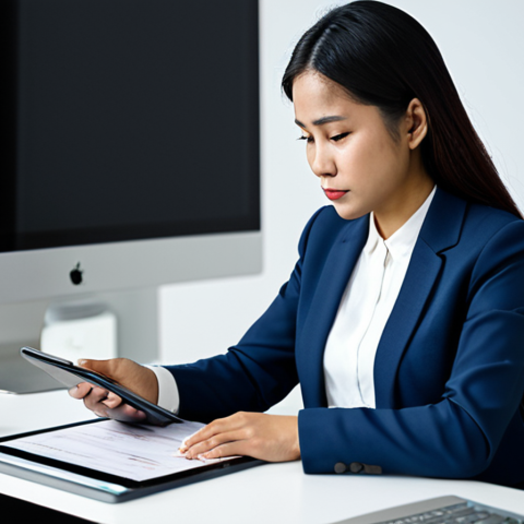 A focused professional Malaysian woman, fully clothed in a modest business suit, seated at a sleek modern office desk, reviewing financial data on a tablet. Her expression is thoughtful, subtly conveying a selective focus on information that confirms her current belief, while other data fades slightly into the background. The scene emphasizes an analytical process. Professional dress, appropriate attire, well-formed hands, correct proportions, natural pose, safe for work, appropriate content, family-friendly, high quality studio photography, detailed, realistic.