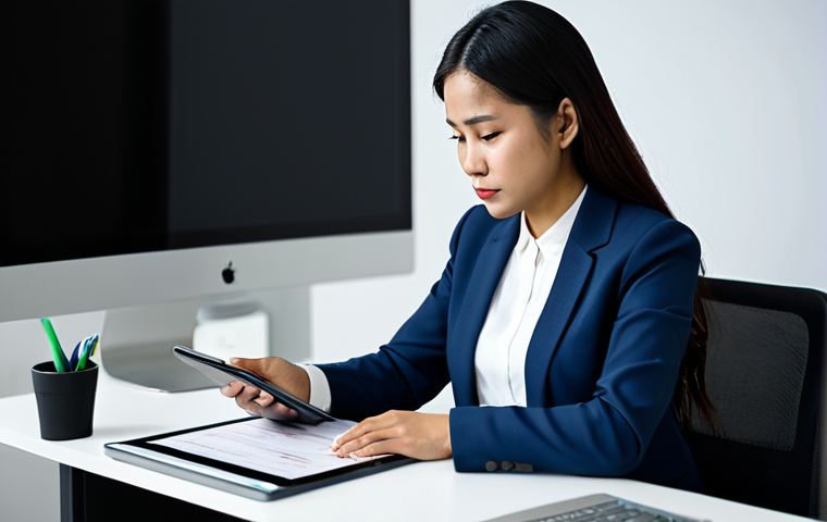A focused professional Malaysian woman, fully clothed in a modest business suit, seated at a sleek modern office desk, reviewing financial data on a tablet. Her expression is thoughtful, subtly conveying a selective focus on information that confirms her current belief, while other data fades slightly into the background. The scene emphasizes an analytical process. Professional dress, appropriate attire, well-formed hands, correct proportions, natural pose, safe for work, appropriate content, family-friendly, high quality studio photography, detailed, realistic.