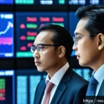 Home 20 투자자 행동에 미치는 외부 요인 분석 - A sophisticated Malaysian stock market trading floor scene showing diverse investors attentively mon...