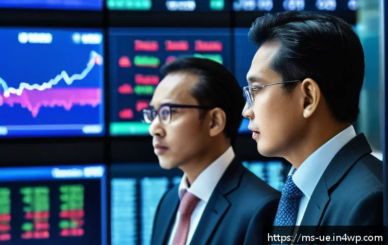투자자 행동에 미치는 외부 요인 분석 - A sophisticated Malaysian stock market trading floor scene showing diverse investors attentively mon...
