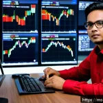 Home 19 투자 결정을 위한 심리적 기제 이해하기 - A professional Malay male investor in his 30s sitting at a modern office desk, surrounded by multipl...