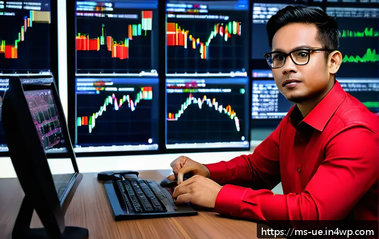투자 결정을 위한 심리적 기제 이해하기 - A professional Malay male investor in his 30s sitting at a modern office desk, surrounded by multipl...