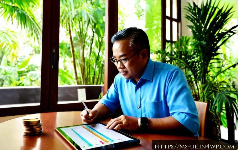 행동재무학을 통한 장기 투자 전략 - Photorealistic Malaysian middle-aged couple calmly reviewing a long-term investment plan at a tidy d...